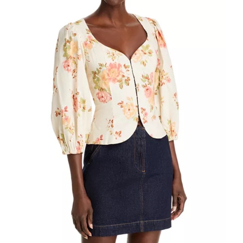 AQUA Floral Print Puff Sleeve Sweetheart Neckline Blouse Top‎ Medium